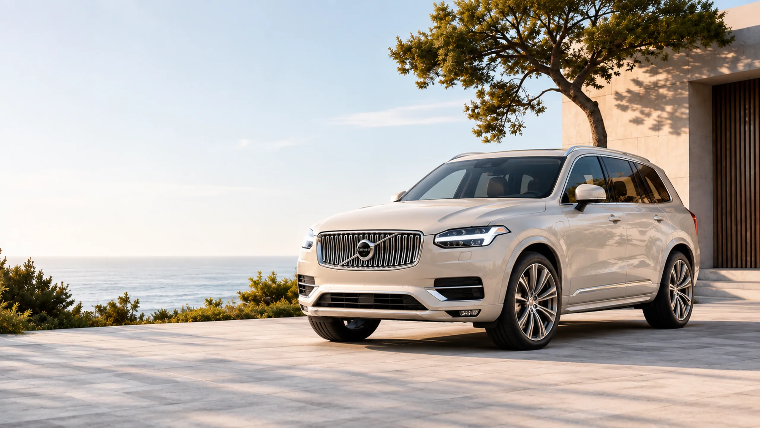 Helebeež Volvo XC90 modernse maja ees kollase põllu ja sinise taeva taustal